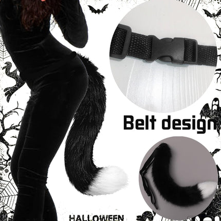AUNGKWANG 3 Pieces Black and White Furry Fox Mask, Tail and Paws Gloves Set, Cosplay Costume Accessory for Halloween Christmas Carnival Party Dressing Up for Kids and Adults
