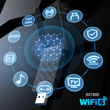 NEWFAST WLAN Stick for PC,1800Mbps Dual Band USB WiFi 6 Adapter,WiFi 6 Dongle Support for Windows 10/11 ONLY,180° Adjustable High Gain Antenna,WPA3,USB 3.0 Wireless Adapter for Laptop