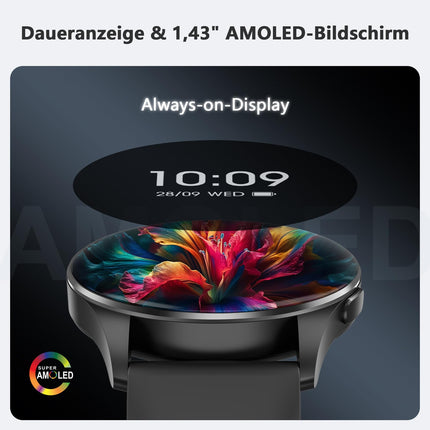Blackview Smartwatch Men Women, 1.43'' AMOLED Screen, Virtual Always-On Clock, Fitness Watch with Phone Function, Make/Receive Calls, Sports Watch, Pedometer, Heart Rate Sleep Monitor, for Android iOS