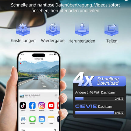 CIEVIE 4K+1080P autokaamera ees ja taga 64 GB SD-kaardiga, 5 GHz WiFi-ga autokaamera 1,5-tollise IPS-ekraaniga, 170° lainurk, G-andur, WDR öine nägemine, tsükkelsalvestus, rakenduse juhtimine, toetab maksimaalselt 256 GB