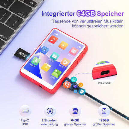 MECHEN Bluetooth 5.3 MP3-mängija puutetundliku ekraaniga, 64 GB MP3-mängija kõlariga, HiFi-heli, FM-raadio, muusika, video, e-raamatud, diktofon, kaitseümbris (punane)