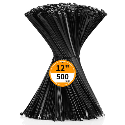 Cehony Cable Ties, 12" Black, 300mm x 4.5mm, Heavy Duty, 50lb Tensile Strength, Nylon Plastic Zipper Ties for Outdoor Use, Multipurpose, Self-Locking, UV Resistant