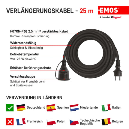 EMOS - IP44 extension cable 25m - 1 Schuko socket - waterproof, impact-resistant, temperature- and oil-resistant - 230 V, 16 A, 3680 W - rubber insulation - H07RN-F3G 2.5 mm² - for outdoor use - black