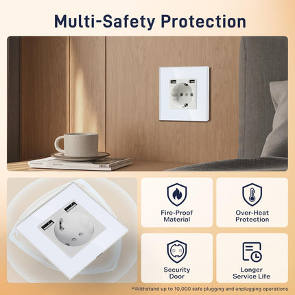 BSEED USB socket white Schuko socket with USB port (Max. 2.1A) flush-mounted socket glass protective contact socket charger for mobile phones, laptops etc.