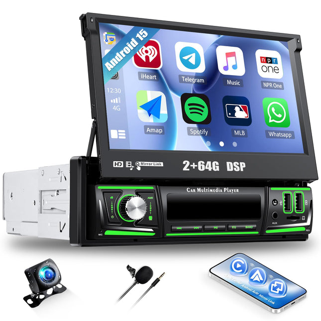 [Android 15] CAMECHO 2+64G 7-tolline autoraadio 1 DIN juhtmevaba Carplay puutetundliku ekraaniga navigatsiooniga raadio pikendatava manuaalse ekraaniga Bluetoothi, Android Auto, GPS, WiFi, DSP, FM/RDS, peegli link, SWC + tahavaatekaamera