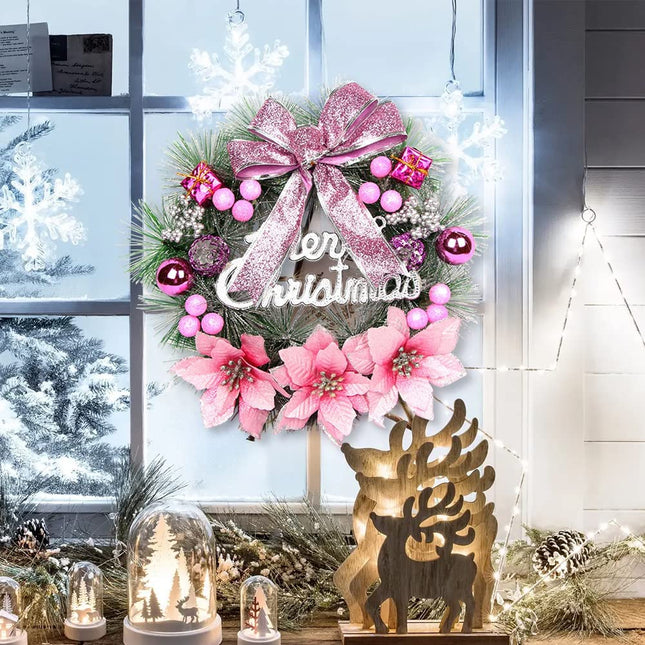Warmiehomy Christmas Wreath, 30 cm Artificial Front Door Wreath, Hanging Garland with Flowers and Bow, Christmas Decoration, New Year Decoration, Gift, Pink