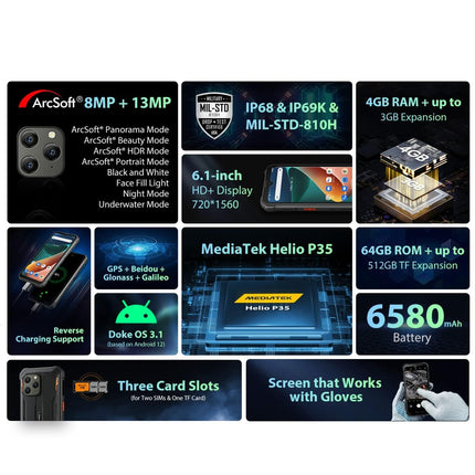 Blackview lepinguta õues kasutatav nutitelefon BV5300 PRO, ArcSoft® 13MP+8MP, 7GB+64GB (1TB laiendus), 3 kaardipesa, Android 12 DUAL SIM IP68 veekindel nutitelefon, 6.1'' HD+, 6580mAh aku, roheline