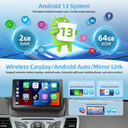 Podofo 2+64G autoraadio Ford Fiestale 2009-2014 koos juhtmevaba Carplayga, 9-tolline Android 13 autoraadio ekraani, Bluetoothi, HiFi, Android Auto, WiFi, GPS, RDS + tahavaatekaamera ja mikrofoniga