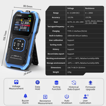 HRM-10 Battery Capacity Internal Resistance Tester Portable Multifunctional 4 Wire Tester for Batteries 100V 200 Ω Internal Resistance Meter and Accurate Voltage Meter Resistance Tester