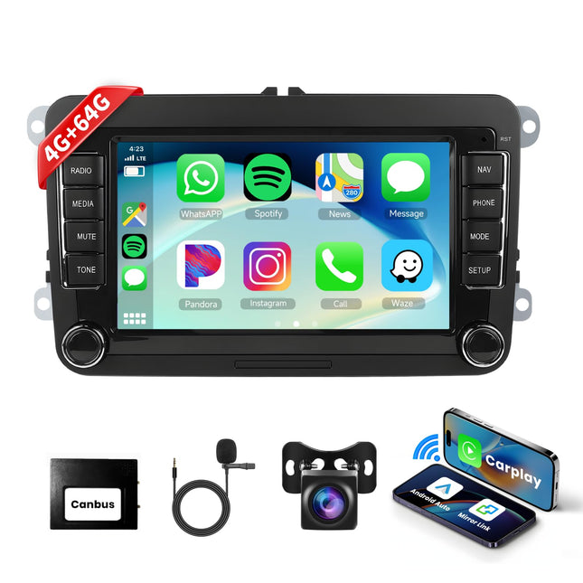 Podofo Android 13 autoraadio VW Passatile, Polo'le, Seat Skodale, Tiguanile, juhtmevaba Carplay Android Auto, 7-tolline puuteekraan 4G+64G koos Bluetoothi/peegliühenduse/FM/RDS/WiFi/GPS-navigatsiooni/hääljuhtimise + tahavaatekaameraga