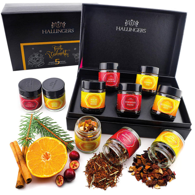 Hallingersi Merry Christmas ORANGE - Jõulune 5-sordi tee kinkekomplekt vegankarbiga, jõulukink keeratava korgiga purkides (komplekt) - emadepäeva- ja isadepäevakingitused | Genesun