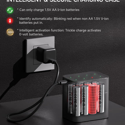PHOTOOLEX AA ​​liitiumakud 1,5 V laetavad, 3600 mWh mahutavusega, 1600 tsüklit, 8 x AA liitiumakut integreeritud laadimiskastiga kaugjuhtimispultide, klaviatuuride ja juhtmevabade hiirte jaoks.