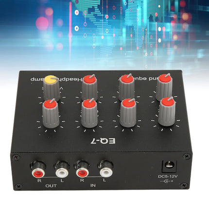 7-band sound equalizer, DC5V-12V output, 12 DB high bass adjustment, aluminum alloy two-channel digital equalizer