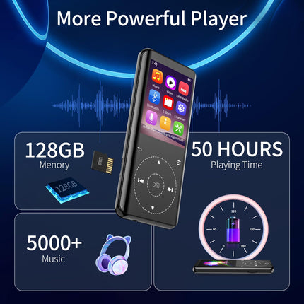 MP3-mängija Bluetooth 5.3, 32 GB HiFi muusika kadudeta heli, metallkorpus sisseehitatud HD-kõlariga, puutetundliku nupuga, kõlar, sportimiseks ja jooksmiseks mõeldud diktofon, laiendatav kuni 128 GB-ni (32 GB must)