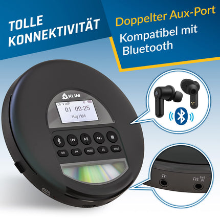 KLIM Nomad CD-mängija Bluetooth - kaasaskantav CD-mängija Discman pikaealise akuga - kõrvaklapid kaasas - CD-R, CD-RW, MP3 - TF-kaardilugejaga, FM-raadioga - ideaalne autosse - kaasaskantav CD-mängija Discman