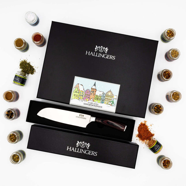 Hallingersi vürtside advendikalender ja premium-santoku - vürtside advendikalender, 24 vürtsi ja premium-noa komplekt (komplekt) - emadepäeva- ja isadepäevakingitused | New Home Hanukkah Friends