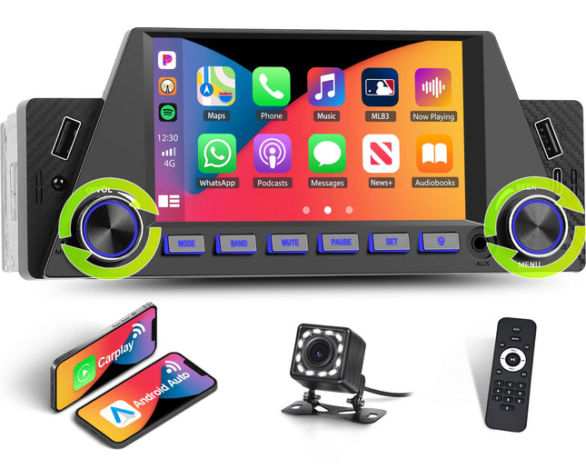 Autoraadio 1 DIN juhtmevaba CarPlayga, Android Auto 5-tolline puutetundlik ekraan, Bluetooth-ühendusega autostereo, toetab MirrorLinki/FM-raadiot/EQ-d/C-tüüpi laadimist/2 USB/AUX/SWC+tagurduskaamera kaugjuhtimispulti