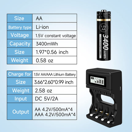 8 AA-patareid koos laadijaga - 1,5 V/liitium 3400 mWh AA-patareid Laetavad LCD-ekraaniga Kiirlaadijad Akulaadija 4 pesa liitiumioonakude Mignon AA ja Micro AAA patareide jaoks Patareid