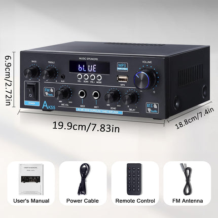 WOOPKER AK55 HiFi Amplifier with Bluetooth 70W x2 Mini Amplifier Home Theater Stereo Amplifier AV Receiver Treble and Bass with USB/RCA/MIC/FM (AK55)