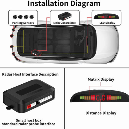 CoCar Car Reversing Alarm Parking Aid 4 Sensors Parking Assistant Parking System PDC + LED Displays + Acoustic Warning - Black