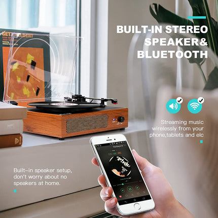 Record player with speakers, wireless LP phonograph with built-in stereo speakers, 3-speed belt drive, record player with speakers, Bluetooth, retro yellow