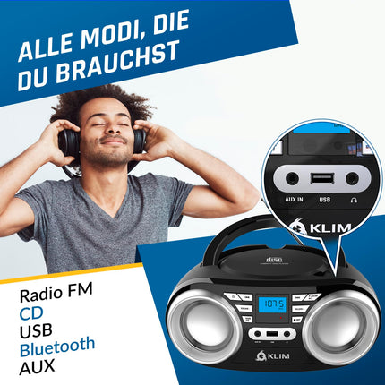 KLIM B3 kaasaskantav CD-mängija Bluetooth Boombox FM-raadio, Bluetoothi, USB ja AUX-iga - kvaliteetsed topeltkõlarid, ekvalaiseriga heliefektid, 20 eelsalvestatud jaama, kompaktne ja kerge | Kaasaskantav CD-mängija