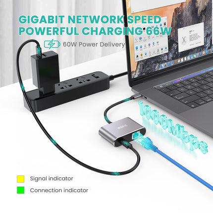 USB C to Ethernet Adapter, 1Gbps Gigabit 60W PD Charging Port, USB-C to RJ45 Ethernet LAN Network Adapter with MacBook Pro/Air, Laptop, Surface, Galaxy, Dell XPS, HP, Android, Windows