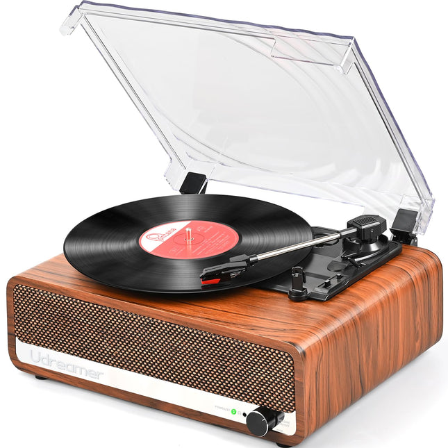 Udreamer plaadimängija kõlariga, Bluetooth-plaadimängija, vintage-vinüülimängija, toetab USB-AUX-sisendit, kõrvaklappe, RCA-liiniväljundit, 3 kiirust, rihmülekanne, peeglidisain, oranžkollane