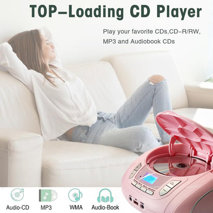 Kaasaskantav CD-mängija lastele - raadio, CD Boombox Bluetoothi, FM-raadio, USB-sisendi ja AUX-pordi ning kõrvaklapipesaga, CD-mängija koduseks või õues kasutamiseks (roosa)