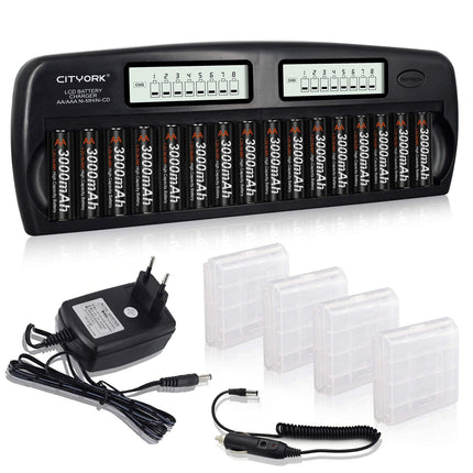CITYORK aku kiirlaadija - integreeritud IC-kaitse ja LCD-ekraaniga - AA AAA NI-MH akude jaoks, sh 16x AA 3000mAh NiMH akut, akuümbris