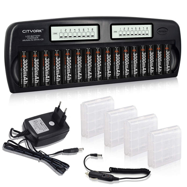 CITYORK aku kiirlaadija - integreeritud IC-kaitse ja LCD-ekraaniga - AA AAA NI-MH akude jaoks, sh 16x AA 3000mAh NiMH akut, akuümbris