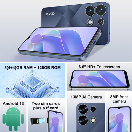 EL KXD A10 Smartphone Without Contract 6.6” HD+ 8GB+128GB Storage/256GB Expandable, 13MP+8MP Camera Octa-Core, Android 13 Mobile Phone Cheap 4500mAh 4G Dual Sim Unlocked Cell Phones, Face ID+ Fingerprint-Blue