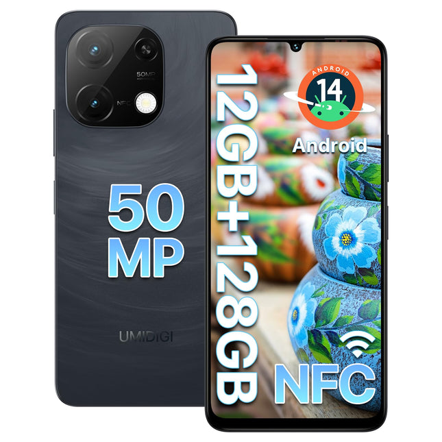 UMIDIGI G9C NFC nutitelefon ilma lepinguta Android 14-12(6+6) GB+128GB 50MP kaameraga mobiiltelefon 6,75-tolline 90Hz ekraan, 5000mAh, 2,2 GHz protsessor, 4G kahe SIM-kaardiga, kaasas laadija, Bluetooth 5.4/Face ID/GPS - must
