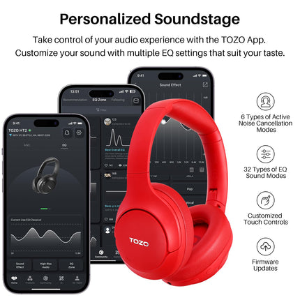 TOZO HT2 kõrvaklapid Bluetooth-kõrvaklapid, hübriidsed aktiivse mürasummutusega kõrvaklapid, juhtmevabad Bluetooth-kõrvaklapid rakenduse juhtimisega, kõrglahutusega heli, 60 tundi mänguaega, sügav bass, mugavad kõrvaklapid, punased