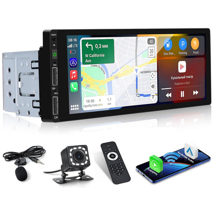 Hikity juhtmevaba CarPlay autoraadio 1 DIN ekraaniga, Android Auto raadio, Bluetooth vabakäesüsteem, 6,9-tolline puutetundlik ekraan, FM/EQ, 2 USB tahavaatekaamera