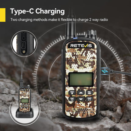 Retevis EZTalk 62 Walkie Talkie, Dual-Band Two-Way Radio, 2200 mAh Li-ion Battery, One-Button Mute, 7 Hunting Calls, IP67 Waterproof, 10 km Walkie Talkie for Hunting, Airsoft (1 Pack, Camouflage)