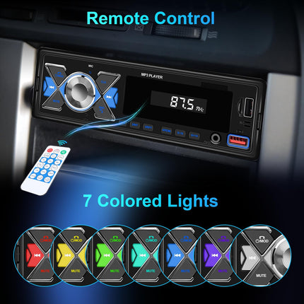 Hodozzy Car Radio 1 Din Bluetooth Car Radio with Bluetooth Handsfree, 4x45W, APP Locates/FM Radio/USB/TF/Aux/RCA/40 EQ/7 Colors + Remote Control