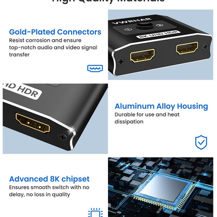 HDMI 2.1 lüliti, 8K HDMI jaotur 4k 120hz Ultra HD 48Gbps kahesuunaline HDMI lüliti 2 sisendit 1 väljundit või 1 sisendit 2 väljundit HDMI lüliti, HDMI jaotur toetab HDCP 2.2 ja 2.3 Dolbyt teleri/PS5/Xbox Series X jaoks