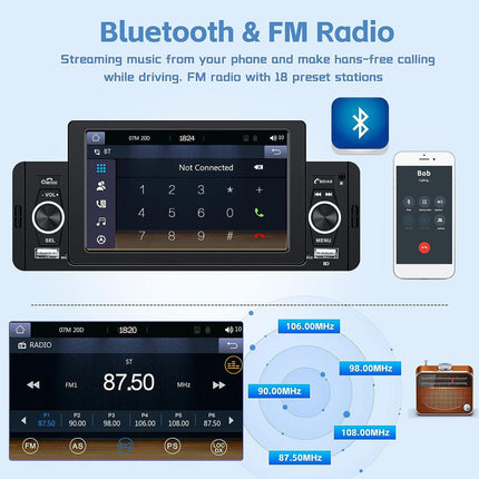 1 DIN autoraadio, 5-tolline puutetundliku ekraaniga autoraadio, Bluetooth-vabakäesüsteem, ühe DIN-iga FM-raadio koos peegliühendusega BT/USB/AUX-sisend/SD-kaardi pesa/rooliratta juhtimine + tahavaatekaamera + mikrofon
