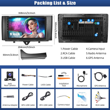 CAMECHO 4+64G 9-tolline DSP autoraadio Mercedes-Benz Smart Fortwo 2011-2015 tahavaatekaameraga, Android 13 navigatsiooniraadio HD puutetundliku ekraaniga ja juhtmevaba Carplayga, Android Auto Bluetooth GPS FM/RDS peegliühendusega