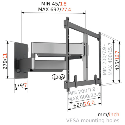 Vogel's Elite TVM 5855 pöörlev teleri seinakinnitus suurtele ja rasketele teleritele kuni 100 tolli ja 75 kg, pööratav kuni 120°, max. VESA 600x400, universaalne ühilduvus