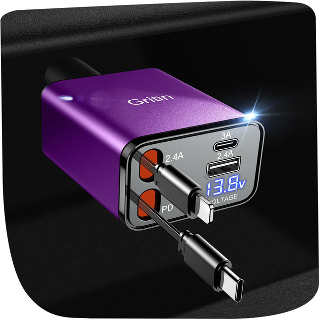 Gritin 4-ühes USB C sigaretisüütaja, 69W autolaadija adapter pingenäidiku ja adaptiivse laadimistehnoloogiaga, USB kiirlaadija iPhone 16/15/14/iPad/Galaxy/Android jne jaoks - lilla