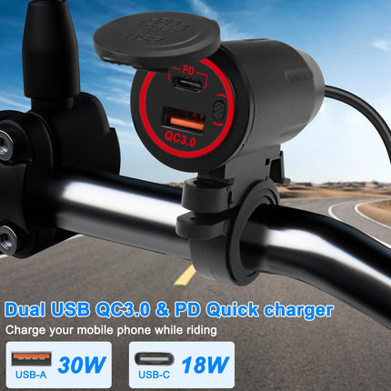 XMSJSIY mootorratta USB-laadija USB-C kiirlaadimispesa QC 3.0 18W USB-30W C-tüüpi kiirlaadimisadapter lülitiga lenkstangi tahavaatepeegli kinnitusega - 60CM/1.96FT