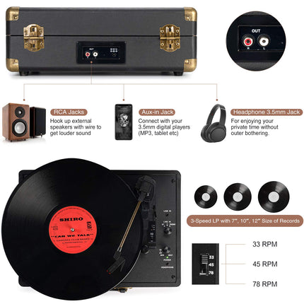 Vinyl Record Player 3-Speed ​​33/45/78 RPM Bluetooth Case Portable Record Player with Belt Drive and Built-in Speakers RCA Line Out AUX in Headphone Jack Vintage Turntable