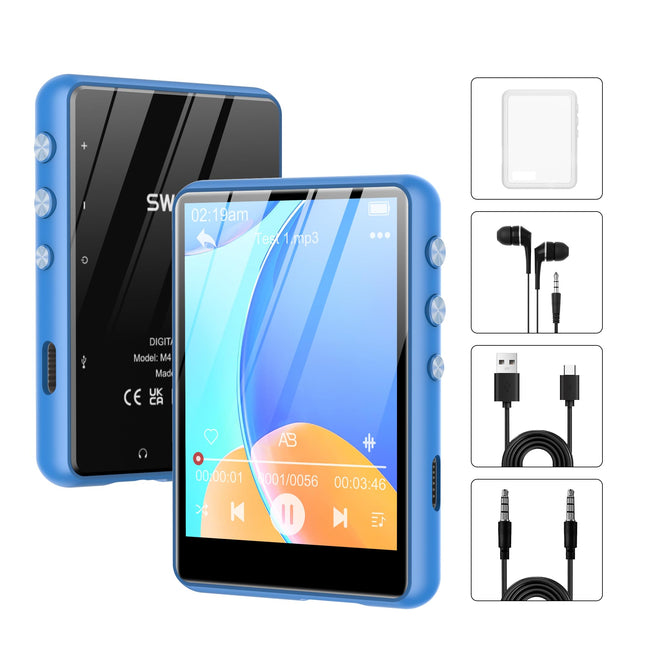 SWOFY 64GB MP3-mängija Bluetooth 5.3, 2.4-tolline puutetundlik mini MP3 MP4-mängija kaasaskantav, HiFi muusikapleier lastele kõlariga FM-raadio, toetab kuni 128 GB (sinine)