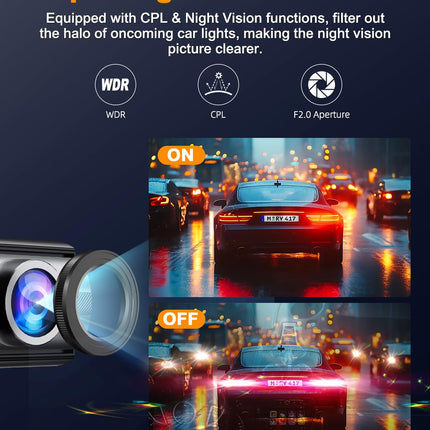 Auto armatuurlaud esi- ja tagaosa 4K+1080P topeltkaamera armatuurlaual, 360° pööratav, 64 GB SD-kaardiga, 1,47-tolline IPS mini-autokaamera CPL-iga, superöine nägemine, WDR, G-andur, tsükkelsalvestus, rakenduse juhtimine, max 256 GB