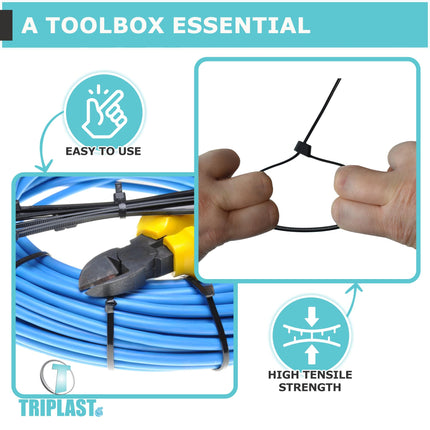 Triplast Essential Black Cable Ties – 100 x 30.5 cm Heavy Duty Cable Ties (300 mm x 4.8 mm) – Self-locking, non-slip and UV-resistant nylon plastic ties for cable management and