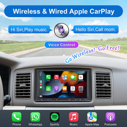 Double Din Android Radio with Wireless CarPlay &amp; Wireless Android Auto, Car Radio with Navigation 7 Inch Screen, Car Radio Touch Display with Bluetooth, AM/FM/RDS, AUX/SWC…