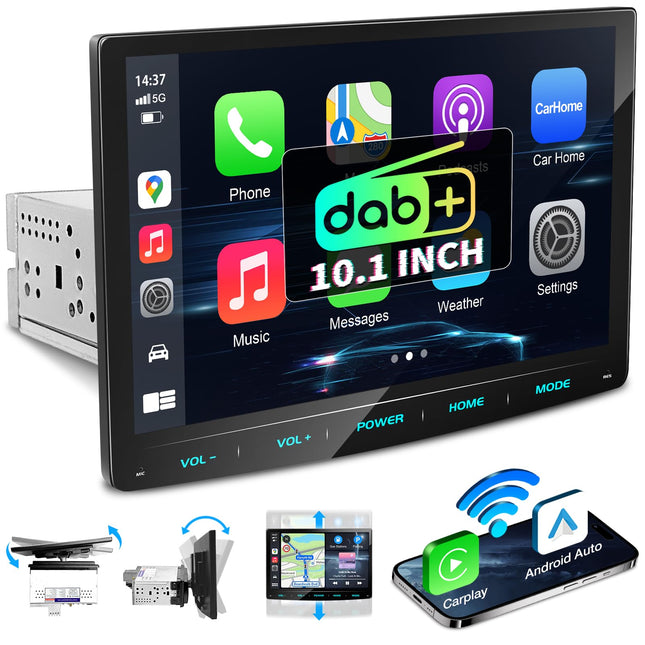 URVOLAX DAB+ autoraadio ekraaniga, 10,1-tolline juhtmevaba Apple Carplay ja Android Auto, 1 DIN Bluetooth-autoraadio puutetundlik ekraan, auto taasesitusmonitor koos MirrorLinki/Navi/RDS/FM/AM/SWC/EQ/tagurduskaameraga
