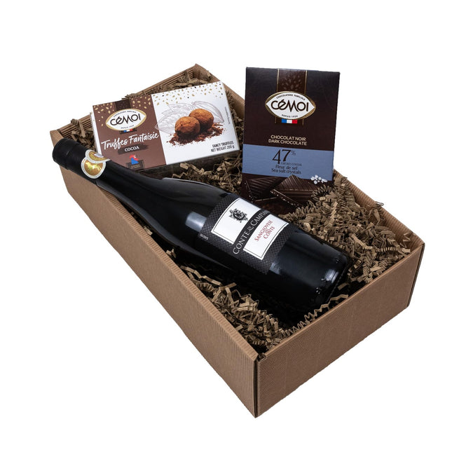 The Wine Guys kinkekorv „Gaumenfreude“ Itaalia punane vein Sangiovese ja Prantsuse šokolaaditrühvlid ning piimašokolaad kinkekomplektina